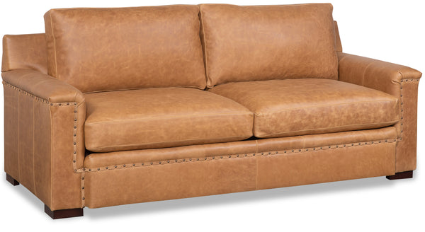 Francisco 86 Inch Two Seat Layered Track Arm Leather Pillow Back Couch With Nails