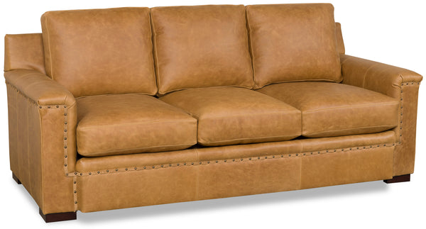 Francisco 86 Inch Three Seat Layered Track Arm Leather Pillow Back Couch With Nails