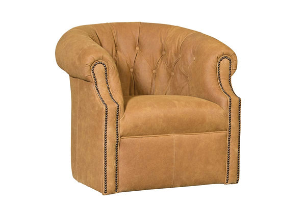 Brantley Leather Tufted SWIVEL Barrel Accent Chair With Nail Trim