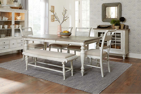 Carlee Antique Linen Modern Farmhouse 6-Piece Leg Table Dining Set W/ Bench