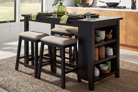 Glenwood Small Spaces Black 5 Piece Counter Height Bookshelf Dining Set With Four Linen Upholstered Stools