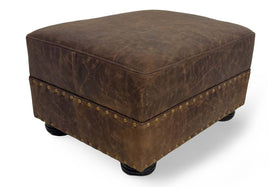 Maverick Leather Footstool Ottoman w/ Nailhead Trim