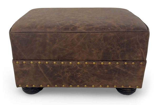 Maverick Leather Footstool Ottoman w/ Nailhead Trim