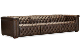 Savion Saddlewood Chesterfield 124 Inch "Quick Ship" Wall Hugger Power Leather Reclining Sofa