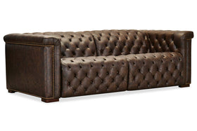 Savion Saddlewood Chesterfield 88 Inch "Quick Ship" Wall Hugger Power Leather Reclining Sofa