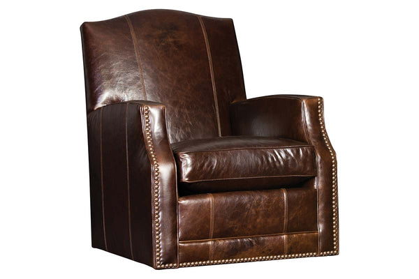 Toby Leather Tight Camelback SWIVEL Accent Chair With Nail Trim